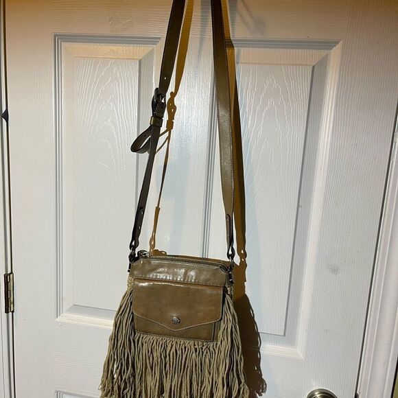 Ghurka made in Italy leather & textile Khaki woven & fringe small crossbody bag - Picture 3 of 16